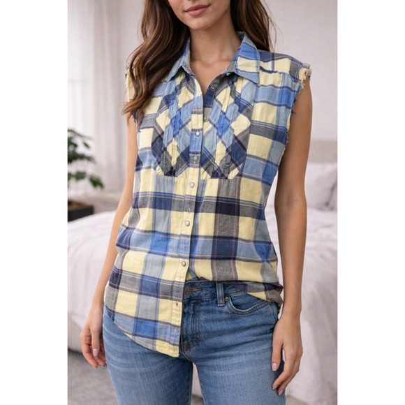 Free People Tops - We The Free People Blue Yellow Plaid‎ Sleeveless Button Down Bib Top OB2064767 L